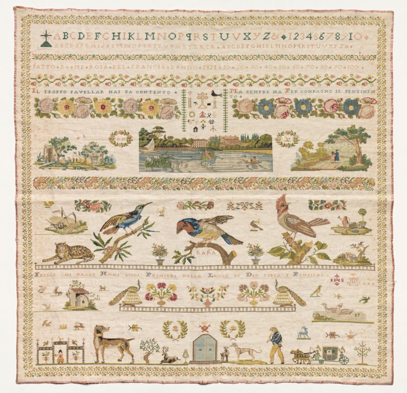 Sampler, 1821. Italy, 19th century. Embroidery; silk on cotton; overall: 73.7 x 73.7 cm (29 x 29 in.).