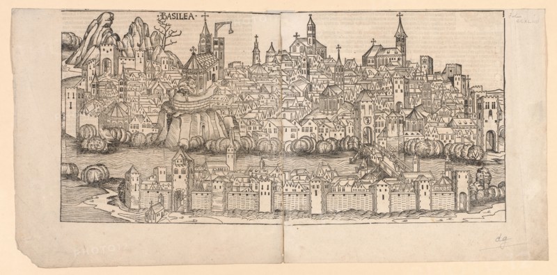 Nuremberg Chronicle:  Topographical View of Basle, Switzerland, 1493. Michael Wolgemut (German, 1434-1519), and Wilhelm Playdenwurff (German, 1494). Woodcut