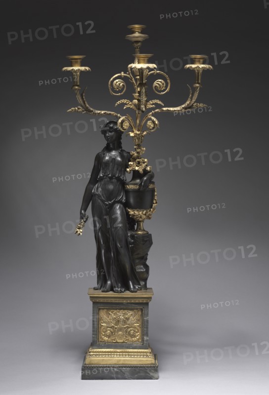 Candelabrum, c. 1780-1785. Attributed to Pierre Philippe Thomire (French, 1751-1843), Clodion (French, 1738-1814). Bronze, gilt bronze, gray marble; overall: 92.8 x 41 x 28 cm (36 9/16 x 16 1/8 x 11 in.); part 1: 45.8 cm (18 1/16 in.).