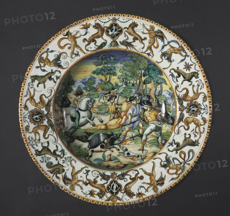 Plate: A Boar Hunt, c. 1560. Italy, Urbino; Atelier of the Fontana Family, 16th century. Tin-glazed earthenware (maiolica); diameter: 8.6 x 45.7 cm (3 3/8 x 18 in.).