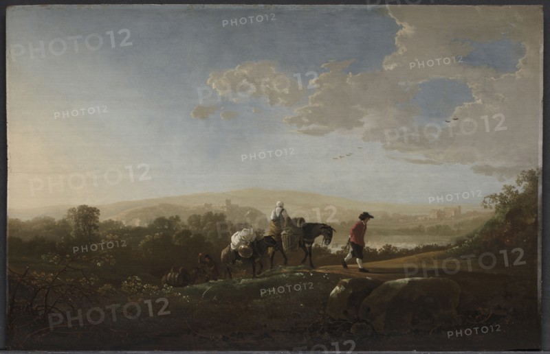 Travelers in Hilly Countryside, c. 1650. Aelbert Cuyp (Dutch, 1620-1691). Oil on wood; framed: 70.8 x 96.6 x 9 cm (27 7/8 x 38 1/16 x 3 9/16 in.); unframed: 48 x 74.5 cm (18 7/8 x 29 5/16 in.).