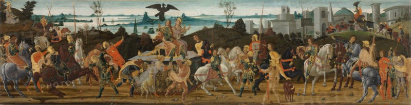 Tarquinius Priscus Entering Rome, c. 1470. Jacopo del Sellaio (Italian, c. 1441-1493). Tempera on wood, mounted on canvas; framed: 81.9 x 202.2 x 11.4 cm (32 1/4 x 79 5/8 x 4 1/2 in.); unframed: 41 x 165.4 cm (16 1/8 x 65 1/8 in.).