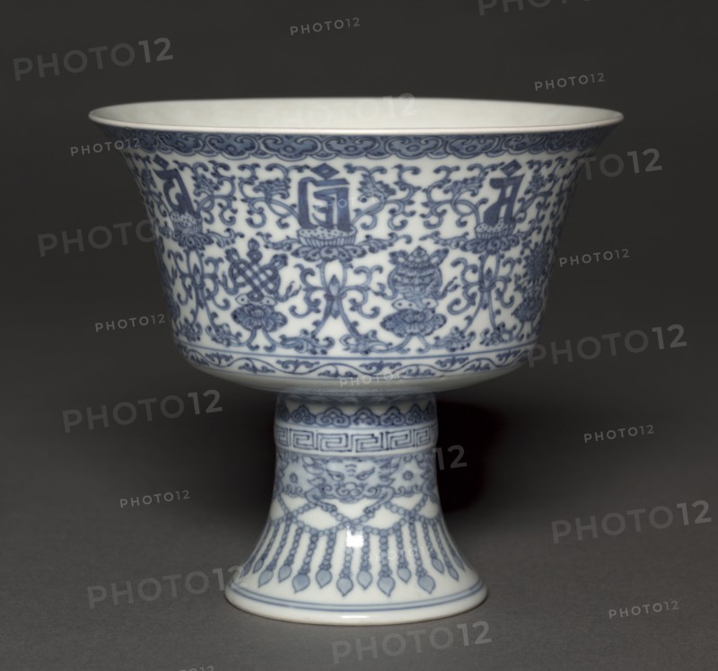Stem Cup with Tibetan Characters and Buddhist Symbols, 1736-95. China, Qing dynasty (1644-1911), Qianlong mark and reign (1736-95). Porcelain with underglaze blue decoration; diameter: 14.5 cm (5 11/16 in.); overall: 13.4 cm (5 1/4 in.).