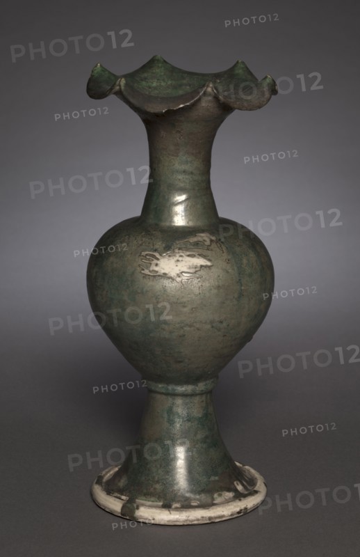 Vase, 1000s-1100s. Northern China, Liao dynasty (916-1125) or Northern Song dynasty (960-1127). Green-glazed stoneware with underglaze white-slip coating, Cizhou ware; diameter: 13.5 cm (5 5/16 in.); overall: 32.6 cm (12 13/16 in.).