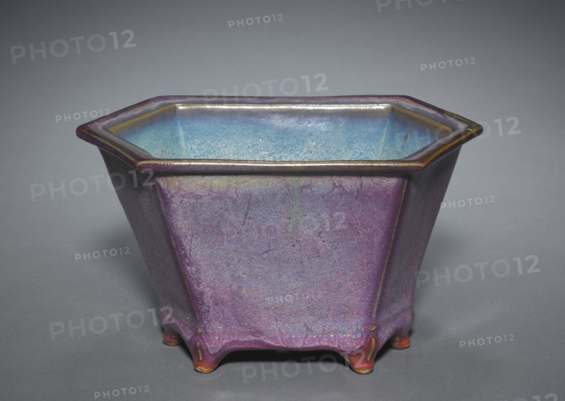 Hexagonal Flower Pot, 1300s-1400s. China, Henan province, Yuxian, Juntai, Ming dynasty (1368-1644). Porcelaneous stoneware, numbered Jun ware; overall: 12.5 x 15 cm (4 15/16 x 5 7/8 in.).