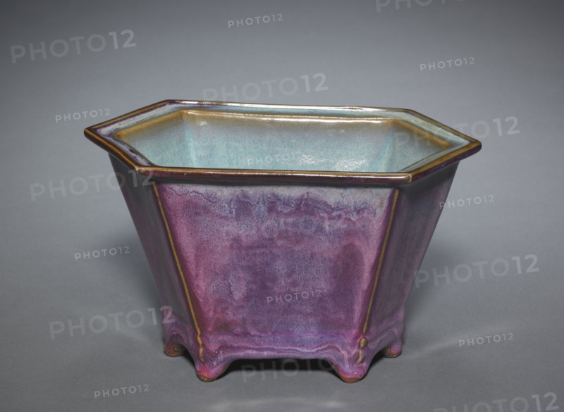 Hexagonal Flower Pot, early 1400s. China, Henan province, Yuxian, Juntai, Ming dynasty (1368-1644). Porcelaneous stoneware, numbered Jun ware; overall: 13.4 x 14 cm (5 1/4 x 5 1/2 in.).