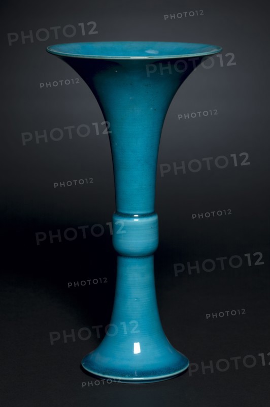 Beaker Vase in Form of Archaic Gu, 1662-1722. China, Jiangxi province, Jingdezhen kilns, Qing dynasty (1644-1912), Kangxi mark and reign (1662-1722). Porcelain with peacock-blue glaze; overall: 27.7 cm (10 7/8 in.).