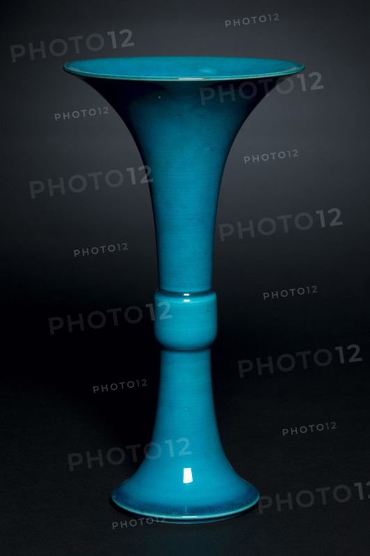 Pair of Beaker Vases in Form of Archaic Gu, 1661-1722. China, Jiangxi province, Jingdezhen kilns, Qing dynasty (1644-1911), Kangxi mark and reign (1661-1722). Porcelain with peacock-blue glaze; overall: 27.7 cm (10 7/8 in.).