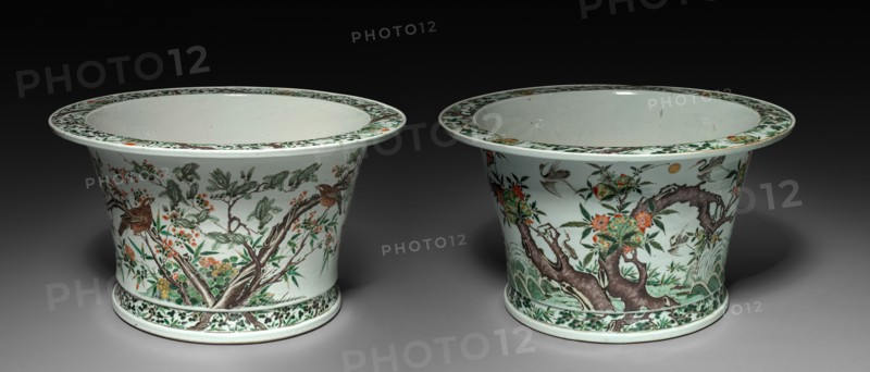 Pair of Jardinieres, 1662-1722. China, Qing dynasty (1644-1911), Kangxi reign (1661-1722). Porcelain with famille verte overglaze enamel decoration; diameter: 59.1 cm (23 1/4 in.); overall: 33.4 cm (13 1/8 in.); part 2: 33.7 cm (13 1/4 in.); vessel: 60.6 cm (23 7/8 in.).