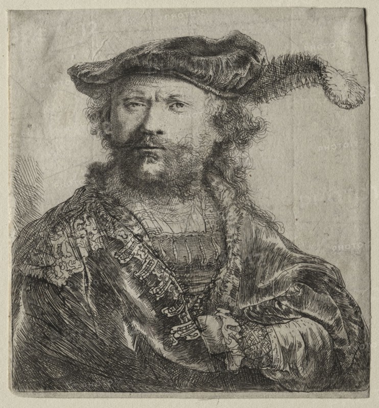Self-Portrait in Velvet Cap with Plume, 1638. Rembrandt van Rijn (Dutch, 1606-1669). Etching with engraving; sheet: 11.2 x 10.4 cm (4 7/16 x 4 1/8 in.).