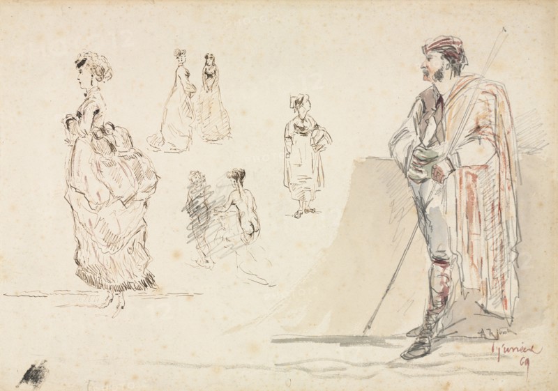 Sketches of Figures, 1869. Alphonse Marie Adolphe de Neuville (French, 1835-1885). Graphite, pen and brown ink, and watercolor; sheet: 27 x 38.7 cm (10 5/8 x 15 1/4 in.).