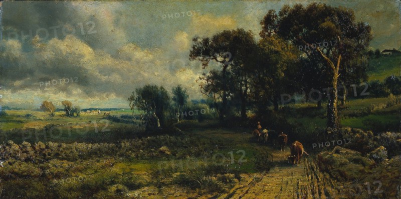 Fleecy Clouds, 1881. Imitator of George Inness (American, 1825-1894). Oil on canvas; unframed: 25.5 x 51 cm (10 1/16 x 20 1/16 in.).