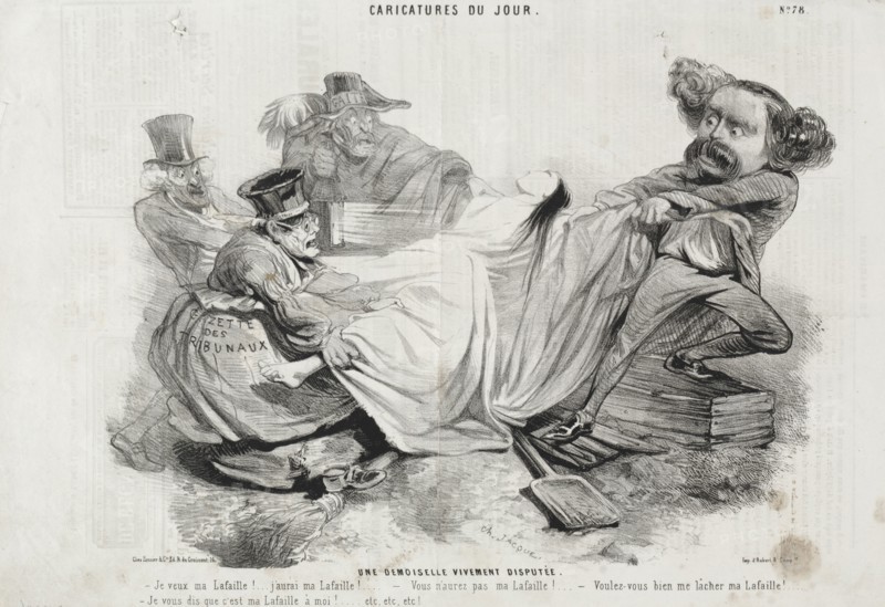 Caricature du Jour:  No. 78, Un Demoisellevivement diisputée. Charles-Émile Jacque (French, 1813-1894). Lithograph