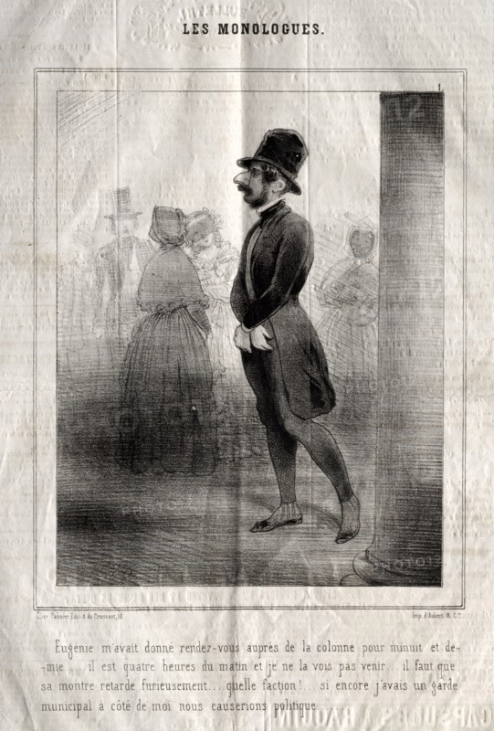 Les Monologues:  Eugénie m'avait donné rendez-vous auprès de la colonne pour minuit et demie.... Charles Joseph Traviès de Villers (French, 1804-1859). Lithograph