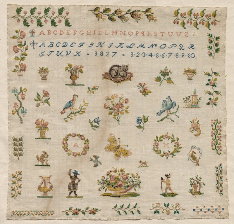 Sampler, 1827. Italy, 19th century. Embroidery; silk on linen; overall: 38.1 x 38.4 cm (15 x 15 1/8 in.)
