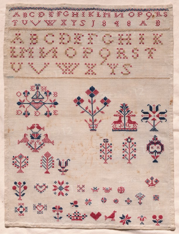 Sampler, 1848. America, Pennsylvania Dutch, 19th century. Embroidery; cotton on linen; average: 32.7 x 24.2 cm (12 7/8 x 9 1/2 in.).