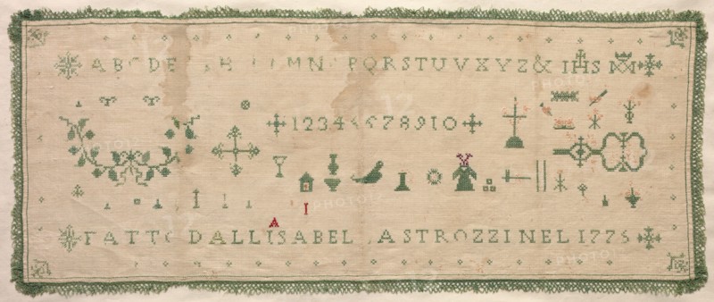 Sampler, 1775. Italy, 18th century. Embroidery; silk on linen; overall: 21 x 51.8 cm (8 1/4 x 20 3/8 in.)