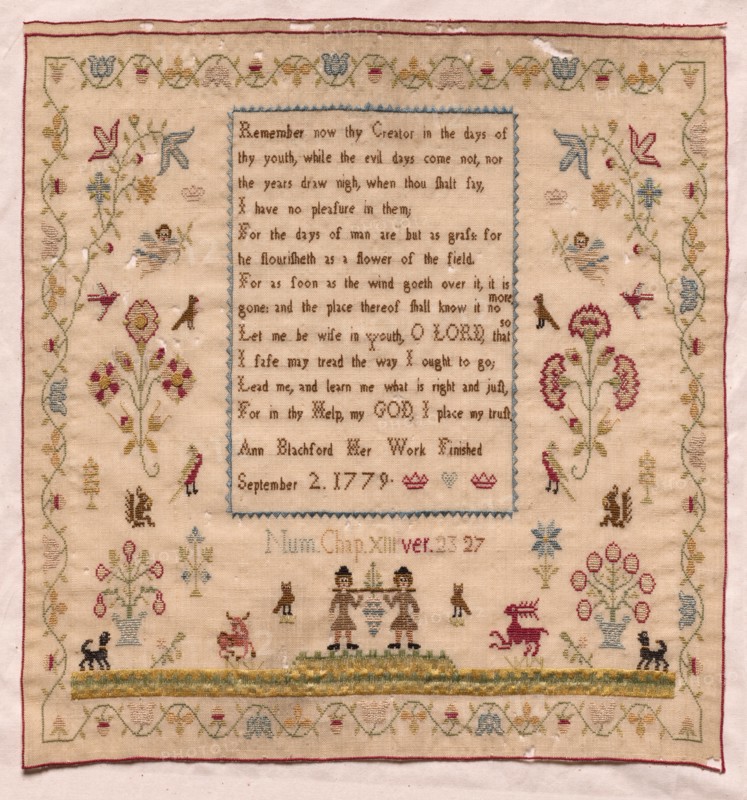 Sampler, 1779. England, late 18th century. Embroidery; silk on woolen canvas; overall: 32.2 x 30.5 cm (12 11/16 x 12 in.)