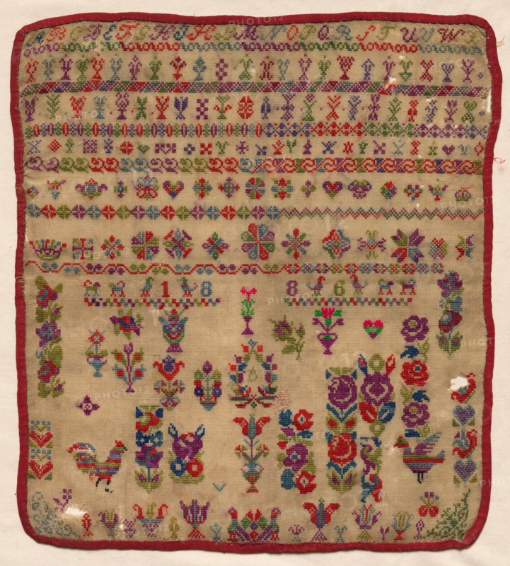 Sampler, 1886. Czechoslovakia, late 19th century. Embroidery; coarse linen ground, wool cross stitch; overall: 28.6 x 25.4 cm (11 1/4 x 10 in.)