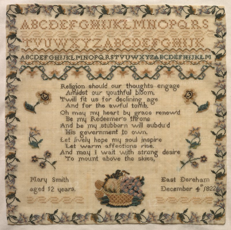 Sampler, 1822. England, early 19th century. Embroidery; silk on woolen canvas; overall: 29.2 x 29.5 cm (11 1/2 x 11 5/8 in.).
