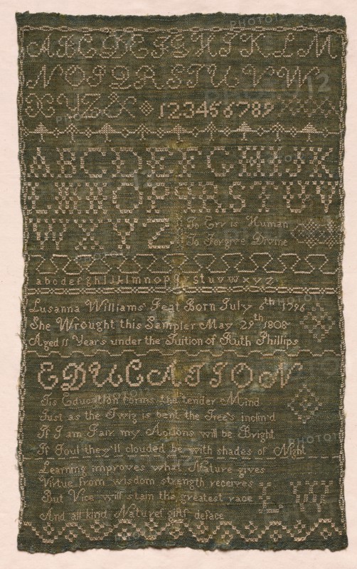 Sampler, 1808. America, 19th century. Embroidery, silk on homespun; average: 46.1 x 27.3 cm (18 1/8 x 10 3/4 in.)