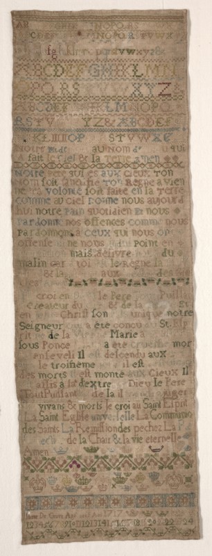 Sampler, 1717. France, early 18th century. Embroidery: silk on linen tabby ground; overall: 63.5 x 21.9 cm (25 x 8 5/8 in.)