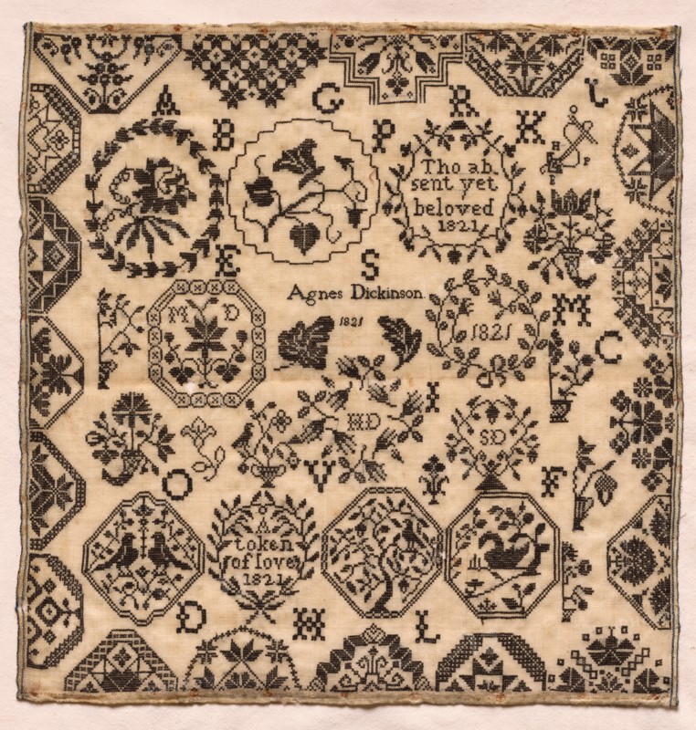 Sampler, 1821. England, early 19th century. Embroidery; silk on woolen canvas; overall: 34.3 x 33.4 cm (13 1/2 x 13 1/8 in.).