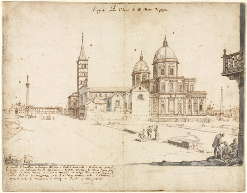 Eighteen Views of Rome: The Basilica of Santa Maria Maggiore, 1664. Lievin Cruyl (Flemish, c. 1640-c. 1720). Pen and brown ink and brush and gray wash over stylus and graphite; framing lines in brown ink; sheet: 38.4 x 49.4 cm (15 1/8 x 19 7/16 in.).