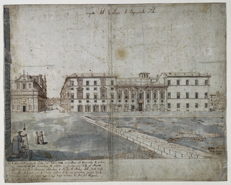 Eighteen Views of Rome: The Collegio di Propaganda Fide (recto), 1665. Lievin Cruyl (Flemish, c. 1640-c. 1720). Pen and brown ink and brush and gray wash over graphite; framing lines in brown ink; sheet: 38.9 x 48.9 cm (15 5/16 x 19 1/4 in.).