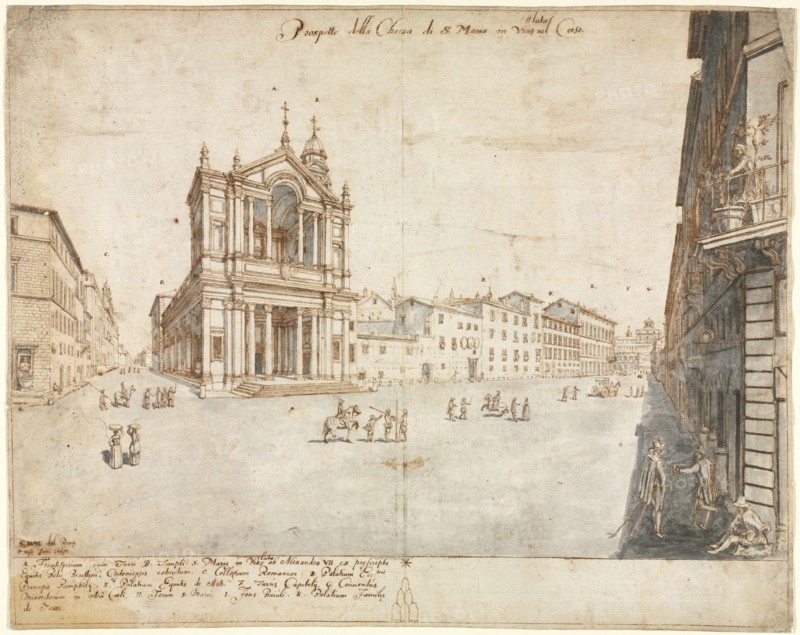 Eighteen Views of Rome: Santa Maria in Via Lata, 1665. Lievin Cruyl (Flemish, c. 1640-c. 1720). Pen and brown ink and brush and gray wash over graphite; framing lines in brown ink; sheet: 38.8 x 49 cm (15 1/4 x 19 5/16 in.).
