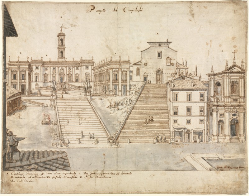 Eighteen Views of Rome: The Campidoglio, 1665. Lievin Cruyl (Flemish, c. 1640-c. 1720). Pen and brown ink and brush and gray wash over graphite; framing lines in brown ink; sheet: 38.6 x 49.5 cm (15 3/16 x 19 1/2 in.).