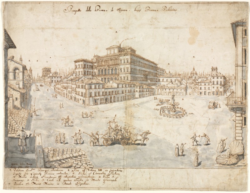 Eighteen Views of Rome: The Piazza Barberini (recto); Tracing of a Fountain from Recto and Sketches of Two Faces (verso), 1665. Lievin Cruyl (Flemish, c. 1640-c. 1720). Pen and brown ink and brush and gray wash with graphite; framing lines in brown ink and graphite (along bottom edge); sketch unrelated to main composition in graphite (upper right); sheet: 38.3 x 49.7 cm (15 1/16 x 19 9/16 in.).