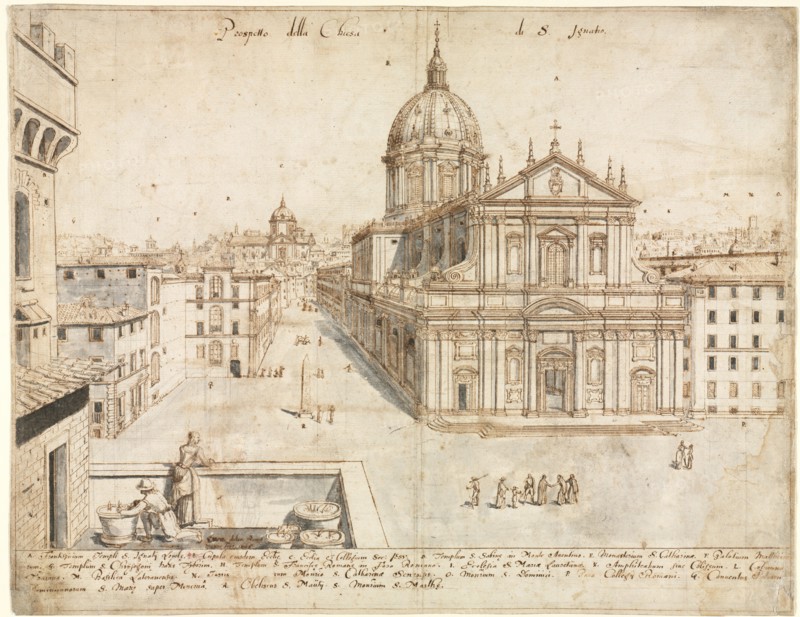 Eighteen Views of Rome: The Church of Sant'Ignazio, 1665. Lievin Cruyl (Flemish, c. 1640-c. 1720). Pen and brown ink and brush and gray wash over graphite; framing lines in brown ink; sheet: 38.4 x 49.4 cm (15 1/8 x 19 7/16 in.).