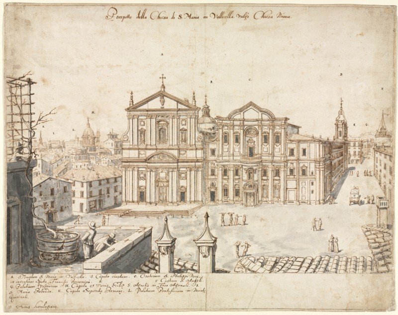 Eighteen Views of Rome: The Church of Santa Maria in Vallicella, 1665. Lievin Cruyl (Flemish, c. 1640-c. 1720). Pen and brown ink and brush and gray wash over graphite; framing lines in brown ink; sheet: 38.8 x 49.1 cm (15 1/4 x 19 5/16 in.).