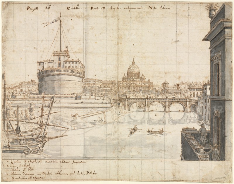 Eighteen Views of Rome: The Castel Sant'Angelo, 1665. Lievin Cruyl (Flemish, c. 1640-c. 1720). Pen and brown ink and brush and gray wash over graphite; squared in graphite; framing lines in brown ink; sheet: 38.4 x 48.8 cm (15 1/8 x 19 3/16 in.).