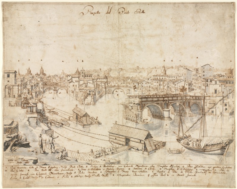 Eighteen Views of Rome: The Ponte Rotto, 1665. Lievin Cruyl (Flemish, c. 1640-c. 1720). Pen and brown ink and brush and gray wash over graphite; framing lines in brown ink; sheet: 48.7 x 39 cm (19 3/16 x 15 3/8 in.).