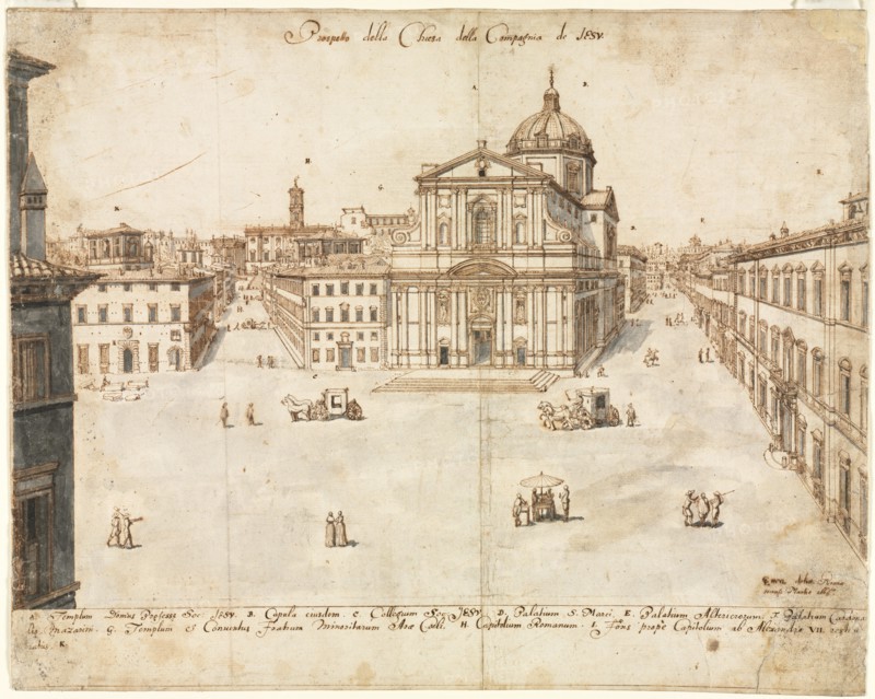 Eighteen Views of Rome: The Church of the Gesù, 1665. Lievin Cruyl (Flemish, c. 1640-c. 1720). Pen and brown ink and brush and gray wash over graphite; framing lines in brown ink; sheet: 38.8 x 48.7 cm (15 1/4 x 19 3/16 in.).
