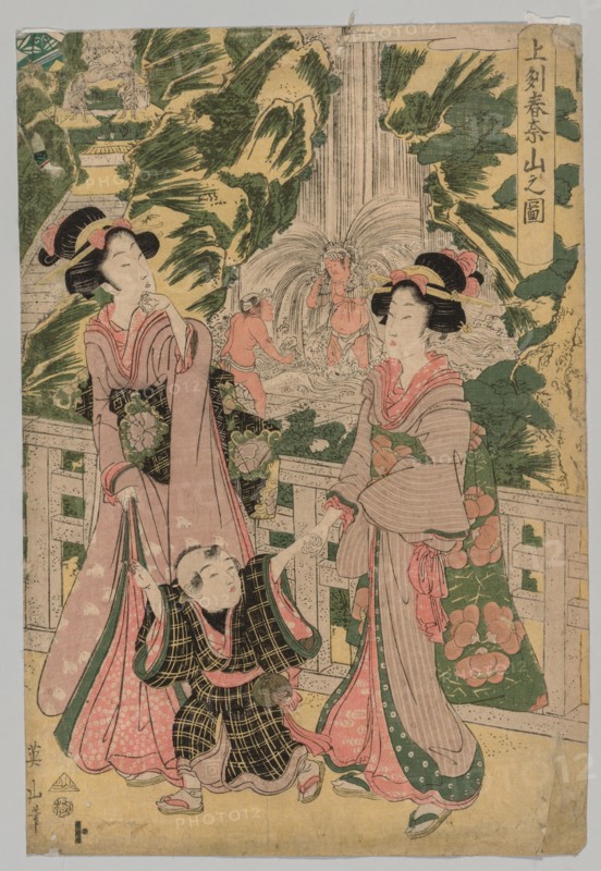 Two Girls and Child on Temple Bridge, 1787-1867. Kikugawa Eizan (Japanese, 1787-1867). Color woodblock print; sheet: 26.1 x 37.8 cm (10 1/4 x 14 7/8 in.).