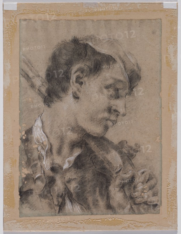 Head of a Young Man in Profile with a Gun over His Shoulder, c. 1730/40s. Giovanni Battista Piazzetta (Italian, 1682-1754). Black chalk with stumping, heightened with white chalk; sheet: 37.7 x 27.1 cm (14 13/16 x 10 11/16 in.); secondary support: 43.4 x 33.3 cm (17 1/16 x 13 1/8 in.).