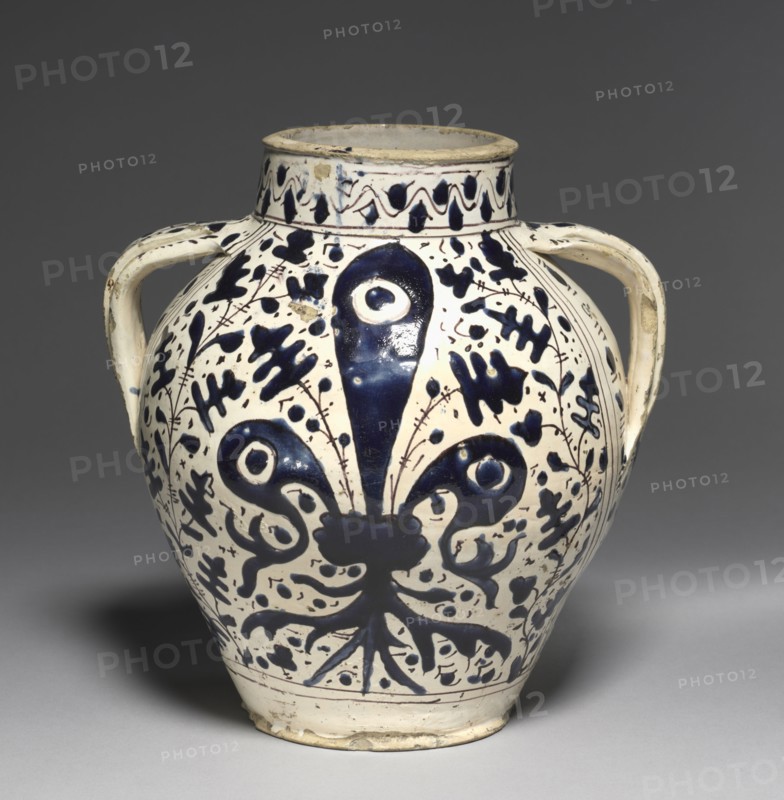 Two-Handled "Oak Leaf" Pharmacy Jar with Fleur-de-Lys, c. 1430-1450. Workshop of Giunta di Tugio (Italian, c. 1382-1450). Tin-glazed earthenware (maiolica); overall: 29.6 cm (11 5/8 in.)