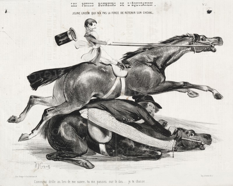 Les petits bonheurs de l'équitation:  Jeune Groom qui n'a pas la force de retenir son cheval, 1842. Alade Joseph Lorentz (French, 1813-after 1858). Lithograph