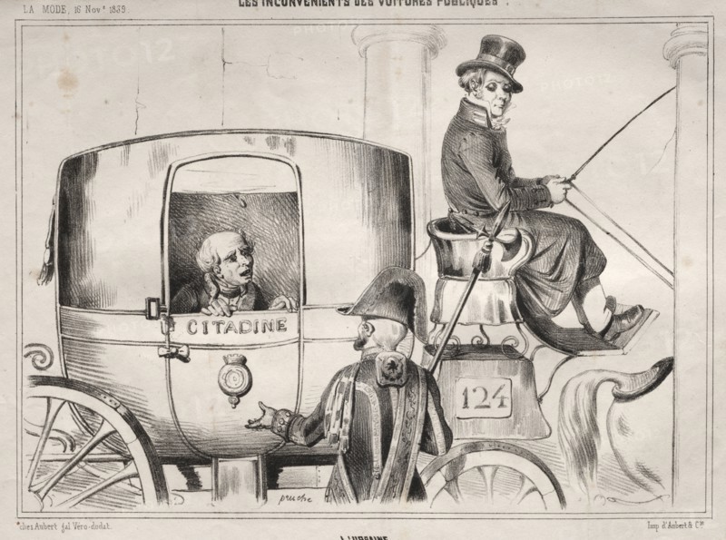 Actualités:  Les Inconvénients des voitures publique:  L'Urbaine, 1839. Clémente Pruche (French, 1831-1870). Lithograph