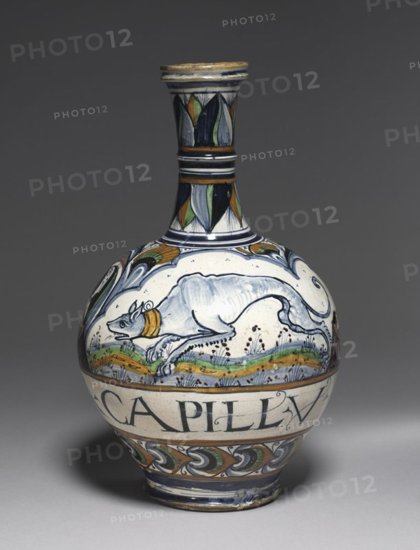 Pharmacy Bottle, c. 1460-80. Italy, Faenza, 15th century. Tin-glazed earthenware (maiolica); overall: 38.8 cm (15 1/4 in.).