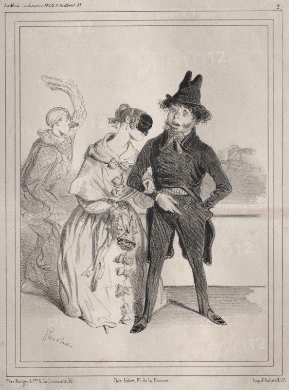 Pochades de carnaval:  C'est singulier! elle me dit que je suis Philibert Désormeaux, et que je passe pour un imbecile!! ....où diable à-t-elle sù cela?, 1842. Clémente Pruche (French, 1831-1870). Lithograph