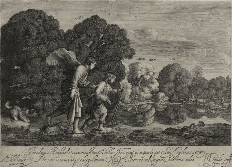Tobias and the Angel (small plate). Hendrik Goudt (Dutch, 1585-1630). Engraving