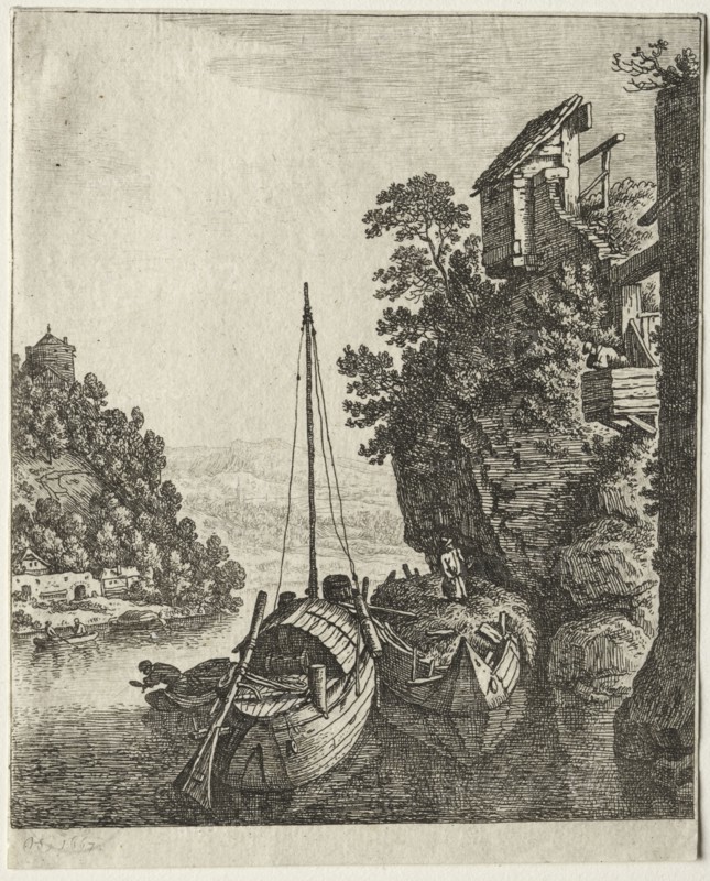 Two Boats moored under a rock, 1667. Herman Saftleven (Dutch, 1609-1685). Etching