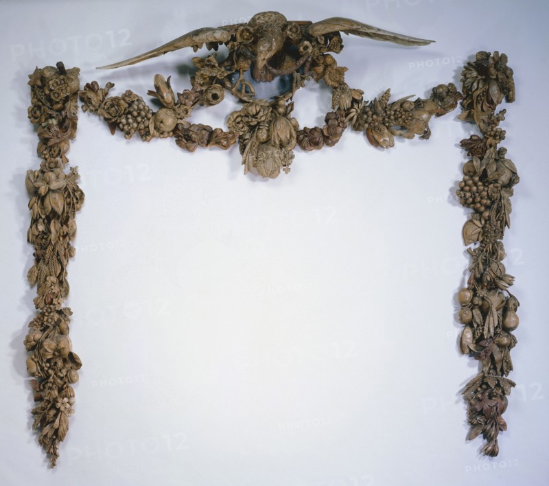 Overmantel, c. 1675-1677. Grinling Gibbons (British, 1648-1721). Lindenwood; part 1: 69.3 x 178.4 cm (27 5/16 x 70 1/4 in.); part 2: 164.5 x 27.3 cm (64 3/4 x 10 3/4 in.); part 3: 177.8 x 26.7 cm (70 x 10 1/2 in.).