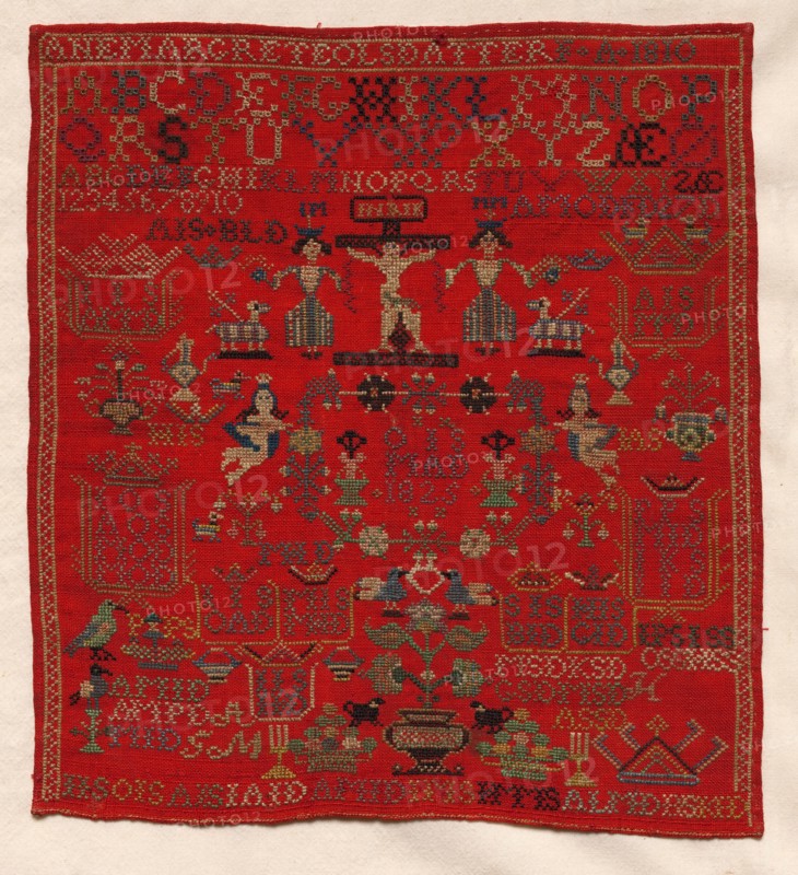 Sampler, 1810. Norway, 19th century. Embroidery; silk and cotton on linen; average: 24.1 x 22.3 cm (9 1/2 x 8 3/4 in.)