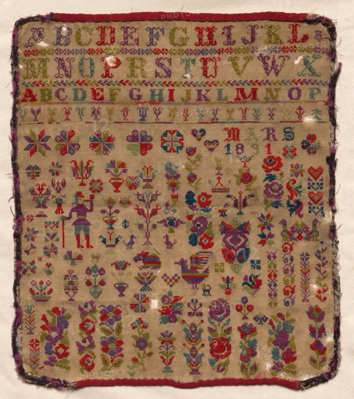Sampler, 1891. Czechoslovakia, late 19th century. Embroidery; coarse linen ground, wool cross stitch; overall: 33 x 29.6 cm (13 x 11 5/8 in.).