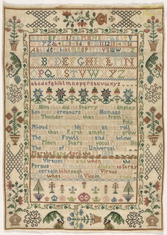 Sampler, 1803. England, early 19th century. Embroidery; silk on woolen canvas; overall: 43.2 x 30.8 cm (17 x 12 1/8 in.)